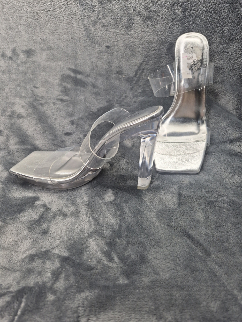 Anne Michelle Clear Platform Block Heels Slides Pvc Dual Strap Metalic Size 7